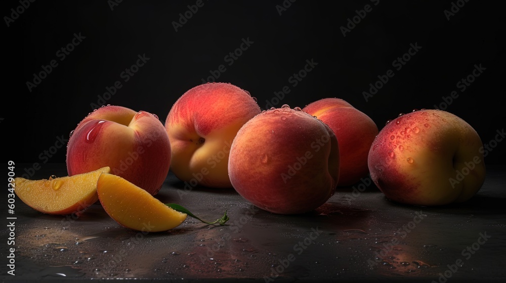 Poster a group of peaches and a slice of peach on a table with water droplets on them and a black backgroun
