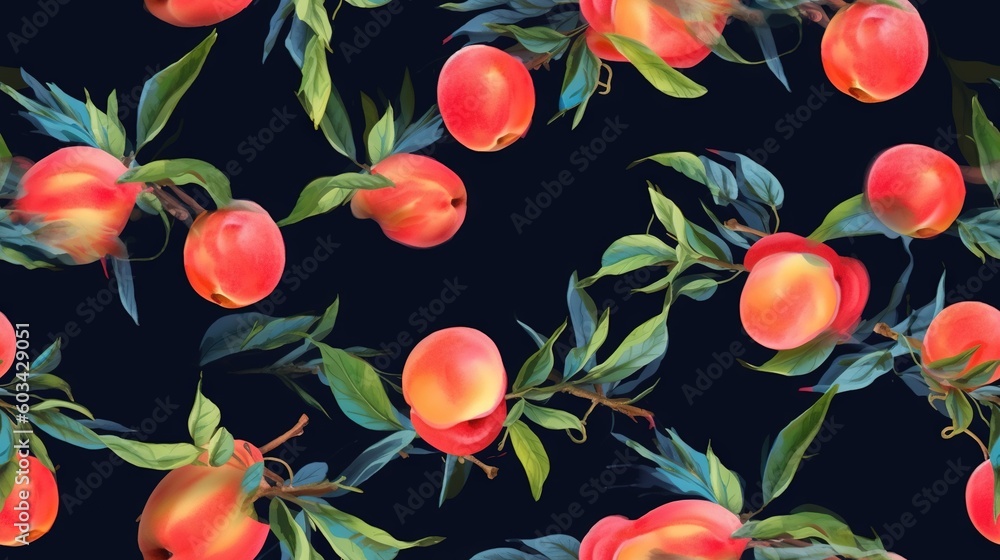 Aufkleber a pattern of peaches and leaves on a black background with a blue background and a black background 