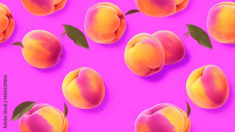 Poster a group of peaches with leaves on a pink background with a pink background and a pink background wit