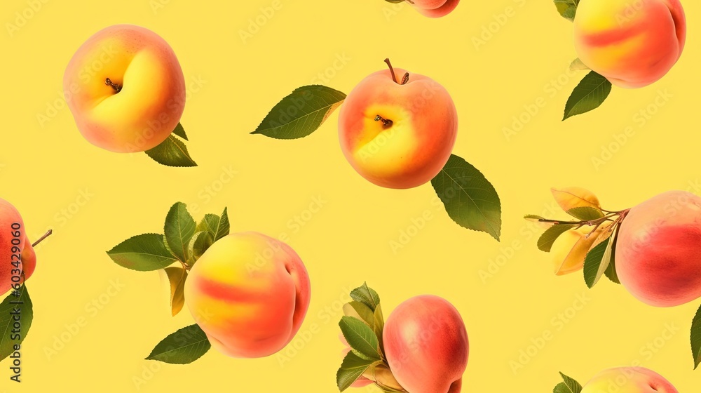 Poster a group of peaches with leaves on a yellow background with a yellow background that has a yellow bac
