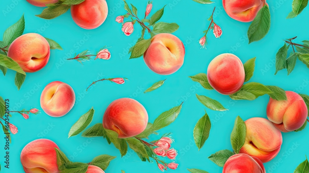 Aufkleber a blue background with peaches and leaves on it and flowers on the bottom of the image and a blue ba