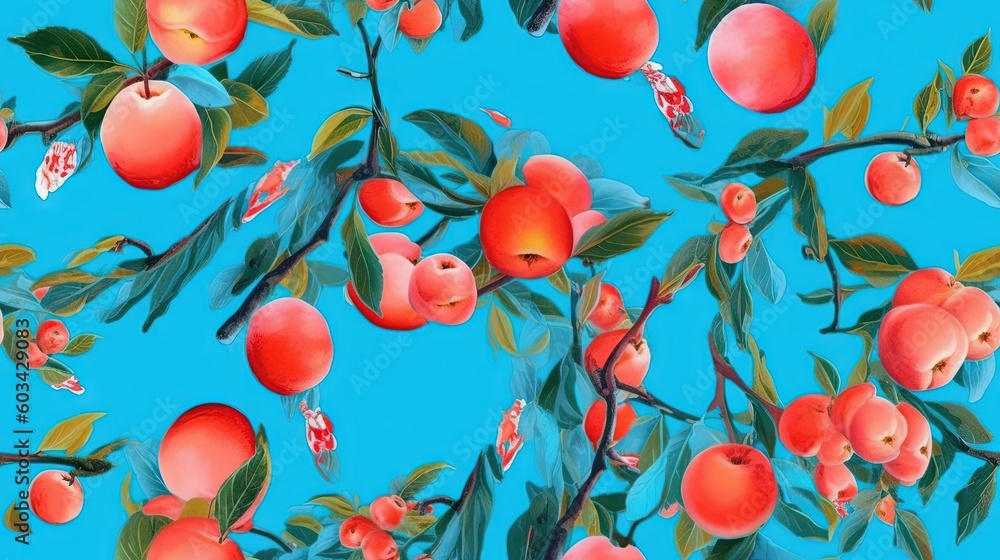 Poster a painting of an apple tree with lots of apples on it's branches and leaves on a blue background wit