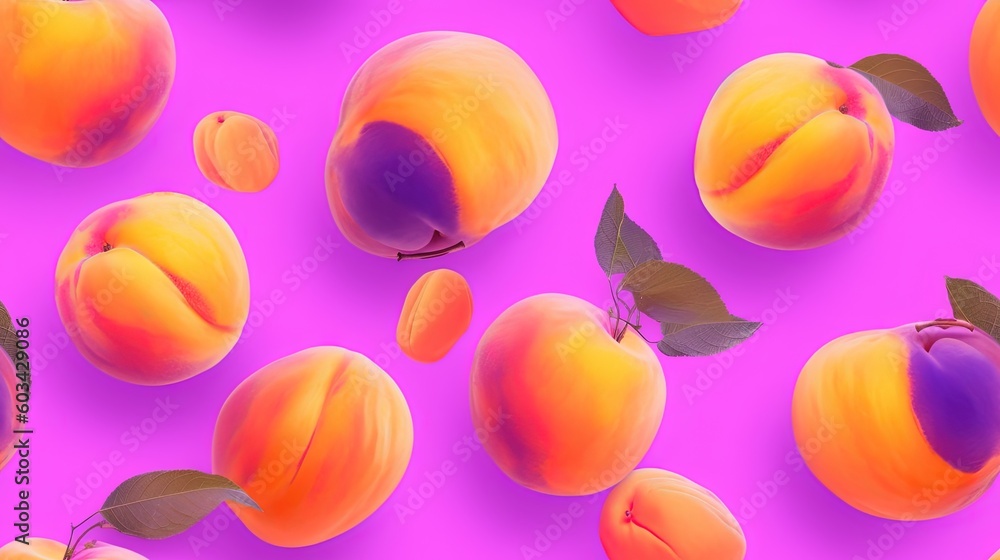 Poster a group of peaches with leaves on a pink background with a pink background and a pink background wit