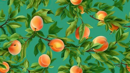  a pattern of peaches and leaves on a green background with a green background and a green background with a green background and a pattern of peaches and leaves.  generative ai