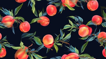  a pattern of peaches and leaves on a black background with a blue background and a black background with a blue background and a pattern of peaches and leaves.  generative ai