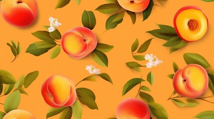  a pattern of peaches with leaves and flowers on an orange background with white flowers and green leaves on the top of the peaches.  generative ai