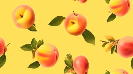 a group of peaches with leaves on a yellow background with a yellow background that has a yellow background with peaches and leaves on it.  generative ai