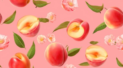 Fototapeta na wymiar peaches and flowers on a pink background with leaves and flowers in the middle of the image, with a pink background with peaches and white flowers. generative ai