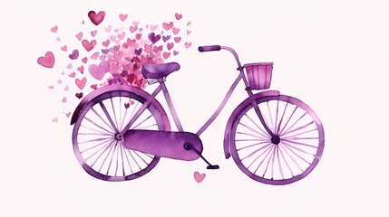  a purple bicycle with hearts flying out of the back wheel and a basket of flowers on the front of the bike, on a white background.  generative ai