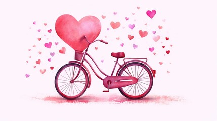  a pink bicycle with a heart on the back of it's seat and a pink basket on the front of the bike, with hearts floating in the air.  generative ai