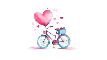  a pink bicycle with a heart shaped balloon attached to the back of the bike, with a blue basket on the front of the bike.  generative ai