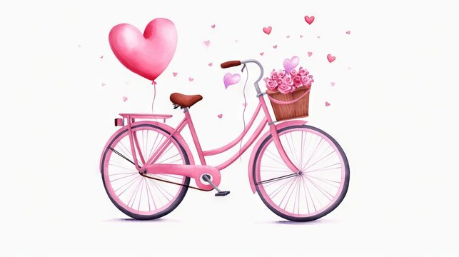  a pink bicycle with a basket of flowers and a heart shaped balloon on the back of it, with hearts floating out of the basket.  generative ai