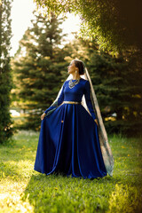 Naklejka premium a girl in a blue dress in a spring forest
