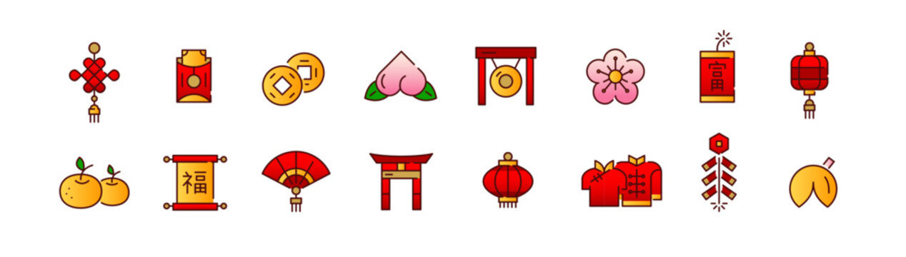 Chinese New Year celebration symbols. Lunar Festival. Pixel perfect, editable stroke colorful icons set