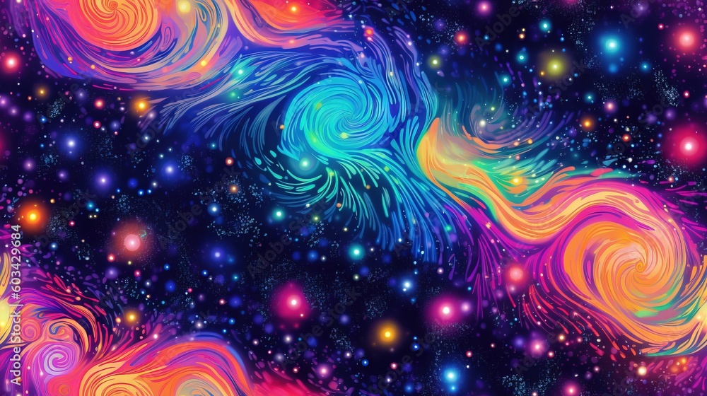 Poster a colorful background with many different colored swirls and stars in the sky, and a black backgroun