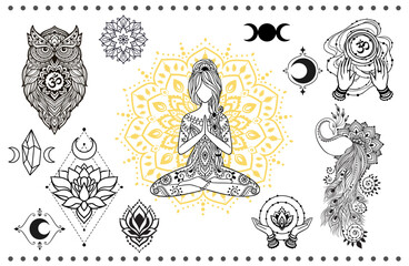 Yoga pose, Owl, Moon, On, Hand. Peacock, India set. God with elephant head. vector Illustration Yoga Logo Mandala medallion yoga
