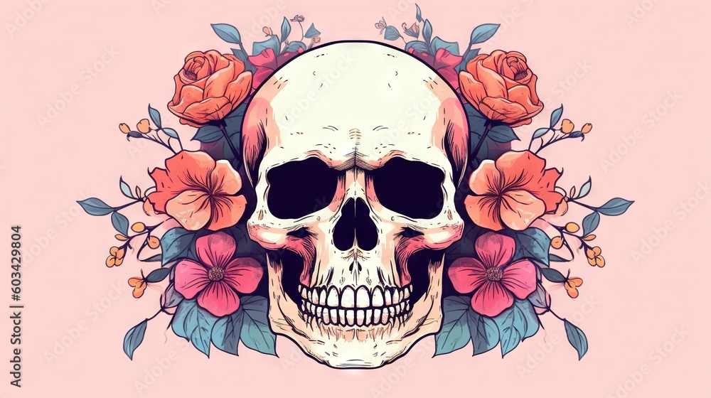 Poster a skull with flowers around it on a pink background with a pink background and a pink background wit