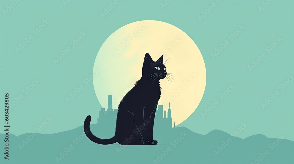 Poster a black cat sitting in front of a full moon with a city skyline in the background and a full moon in