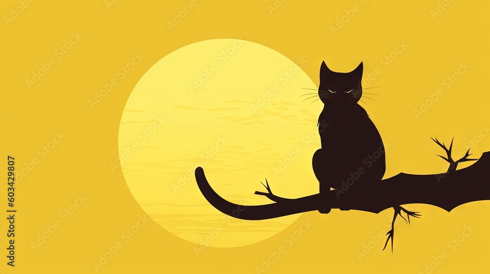 Poster a black cat sitting on a tree branch in front of a yellow background with the sun in the background 