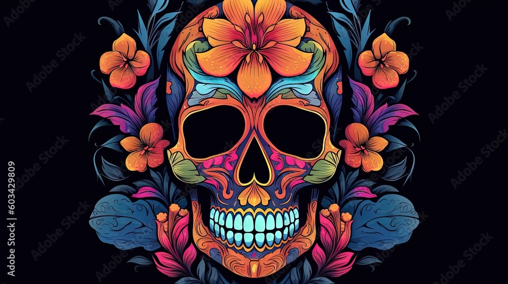 Poster a colorful skull with flowers on it's head on a black background with a black background and a red f