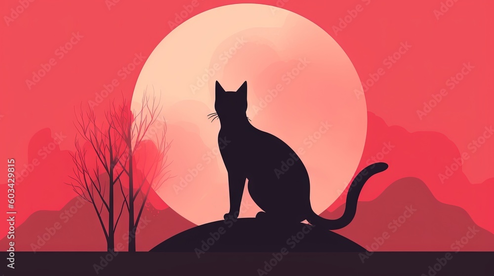 Poster a black cat sitting on top of a rock in front of a red sky with a full moon behind it and a tree wit