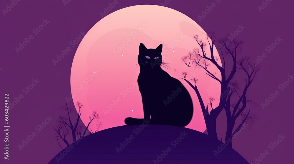 Poster a black cat sitting on a hill in front of a full moon with trees in the foreground and the moon in t