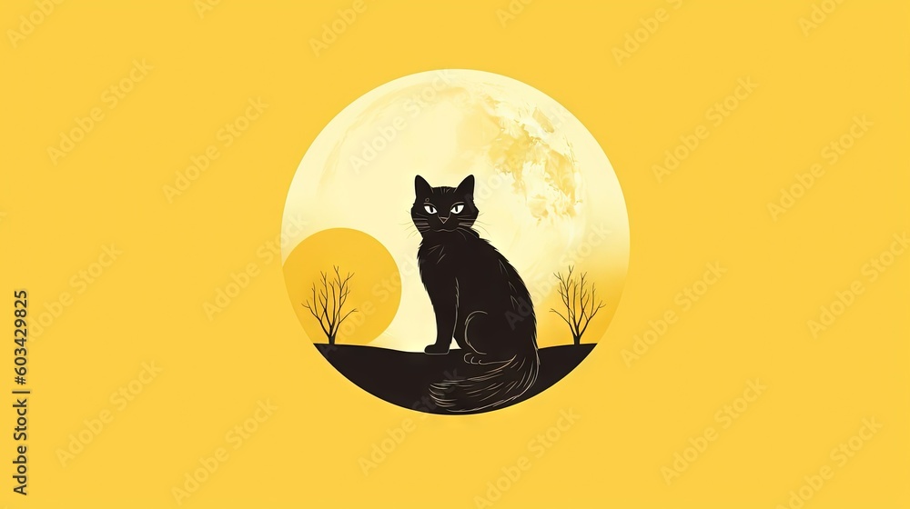 Poster a black cat sitting on a hill in front of a full moon with trees in the foreground and a full moon i
