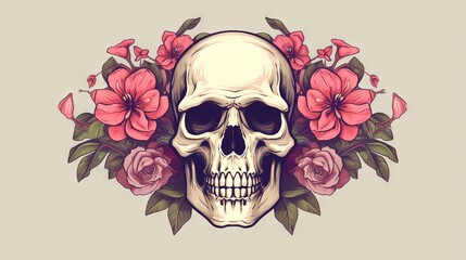  a skull with flowers around it's neck on a gray background with a pink rose border around the skull and the lower half of the lower half of the skull.  generative ai