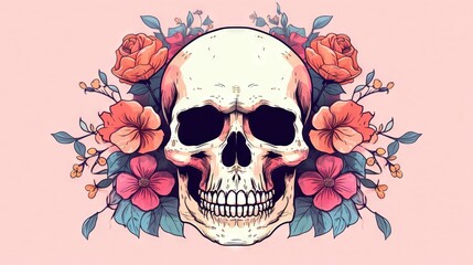  a skull with flowers around it on a pink background with a pink background and a pink background with a pink background and a pink background with a.  generative ai