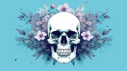  a skull with flowers around it on a blue background with a blue background and a white skull with flowers around it on a blue background.  generative ai