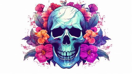  a skull with flowers around it's neck and a flower crown around its neck and a flower crown around its neck, on a white background.  generative ai
