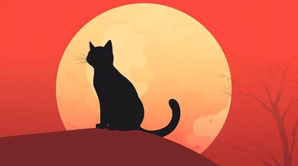  a black cat sitting on top of a hill under a full moon in the background of a red sky with a tree and a tree.  generative ai