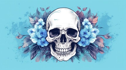  a skull with blue flowers around it's neck on a blue background with a splash of paint on the bottom of the skull and the image.  generative ai