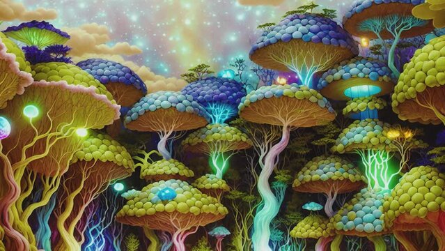 Generative ai animation of surreal magic forest with mushrooms. Digital image painted manipulation of a fairy tale landscape in cartoon style.
