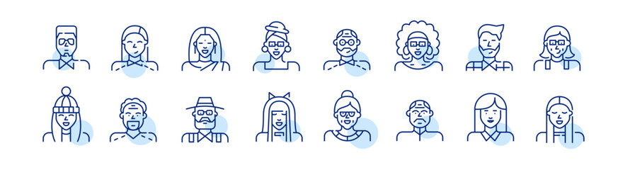 People of different ages, cultures, with different hairstyle and clothes avatars. Pixel perfect, editable stroke set
