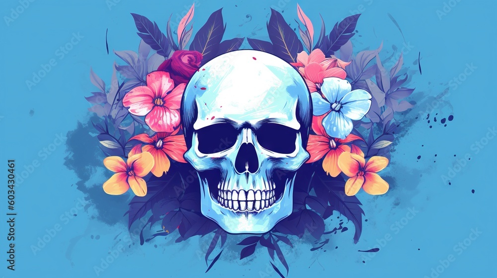 Aufkleber a skull with flowers around it's head on a blue background with a splash of paint on the bottom of t