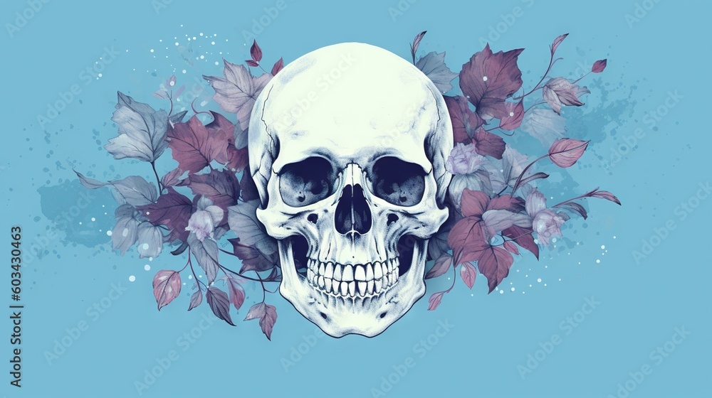 Poster a skull with flowers around it on a blue background with a splash of paint on the bottom half of the