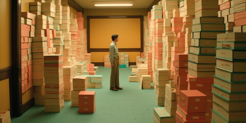 Man stands surrounded by large volumes of paperwork stacked high in an office