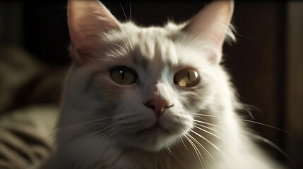 Majestic white cat gazing thoughtfully in warm sunlight during a relaxing afternoon indoors