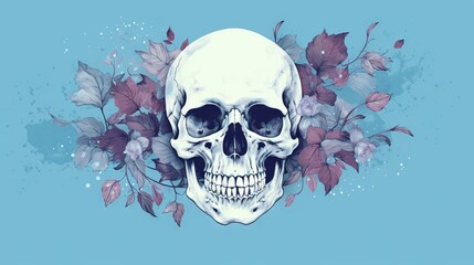  a skull with flowers around it on a blue background with a splash of paint on the bottom half of the skull and the bottom half of the skull is half of the skull.  generative ai