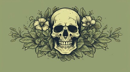  a skull with flowers around it's neck on a green background with a black outline of a skull in the middle of the image.  generative ai