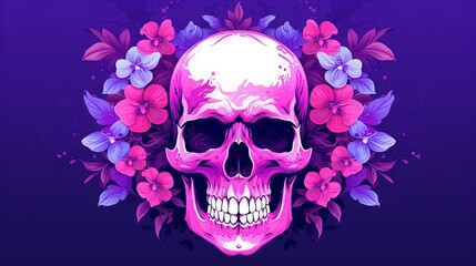  a pink skull with flowers around it on a purple background with purple and pink flowers around it and a purple background with a purple and pink skull.  generative ai