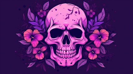  a skull with flowers around it on a purple background with a purple background and a purple background with a pink skull and purple and orange flowers.  generative ai