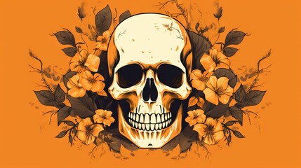  a skull surrounded by flowers and leaves on an orange background with a butterfly in the middle of the skull's head and the lower half of the skull is half of the skull.  generative ai