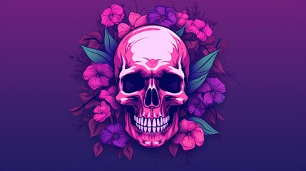  a skull with flowers around it on a purple background with a purple background and a purple background with a pink skull and purple and pink flowers.  generative ai