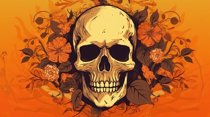  a drawing of a skull with flowers on it's head and a bird perched on it's head, on an orange background.  generative ai