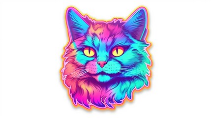 a colorful cat sticker on a white background with a pink, blue, and green cat's face in the center of the sticker.  generative ai