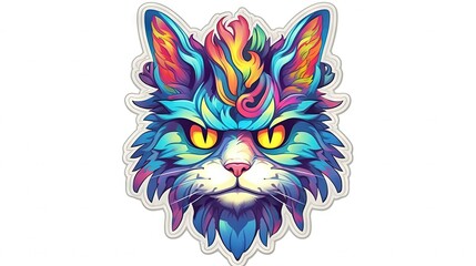  a colorful cat's face with bright eyes and a colorful mane on it's head, with a white background and a white background.  generative ai