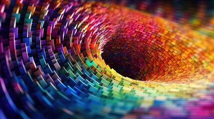 Abstrakter, bunter spiralförmiger Hintergrund aus farbigen Blöcken, dynamische Regenbogenfarben, Technologie, Generative AI