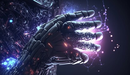 AI Machine learning Hands of robot and human touch on.Generative AI.